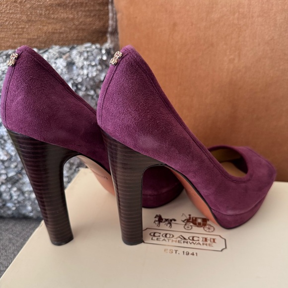 Coach Suede Peep Toe Platform Heels in Color Plum